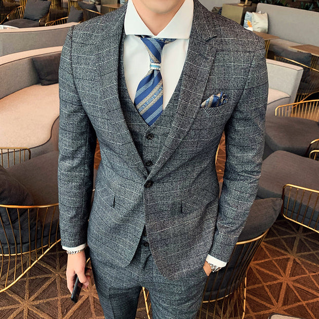 MANZINI PARIS-1 Men's 3-Piece Tailored Fit Plaid Business Suit Copper main image 0