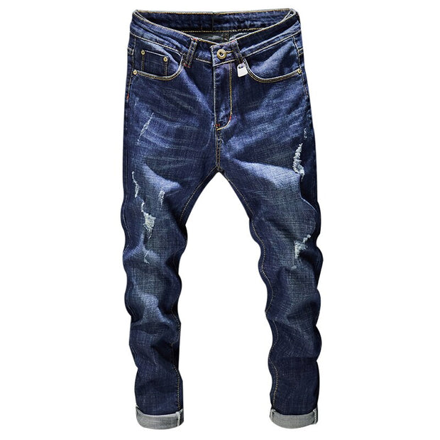 Angelo Ricci™ Distressed Ripped Dark Blue Denim Jeans