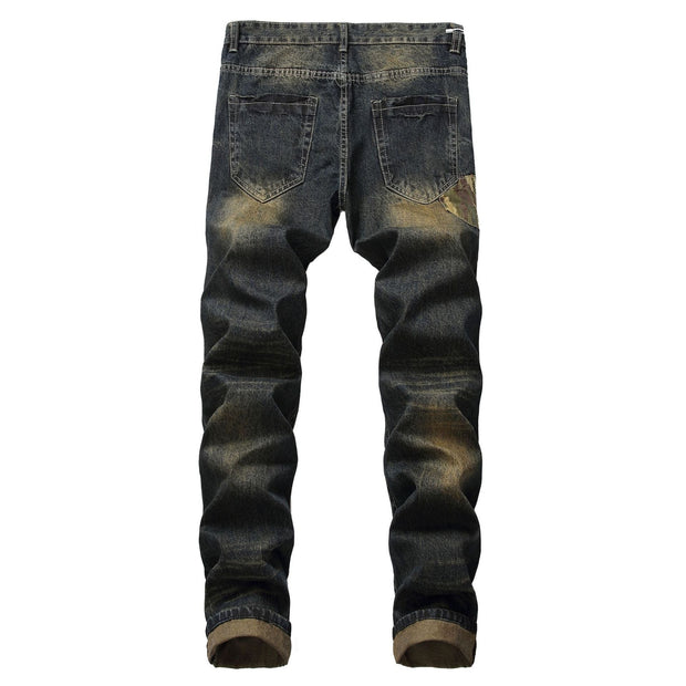 Angelo Ricci™ Ripped Snow Wash Elastic Trousers Straight Jeans