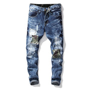 Angelo Ricci™ Ripped Snow Wash Elastic Trousers Straight Jeans