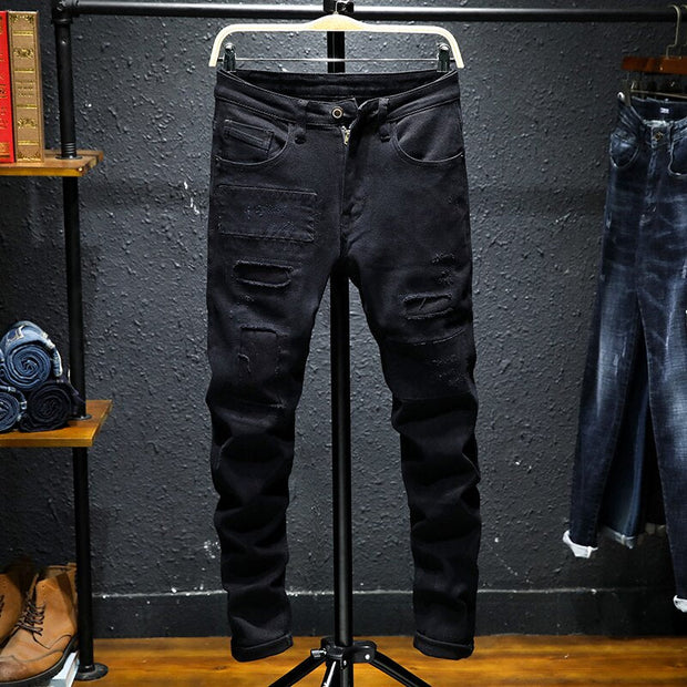 Angelo Ricci™ Black Patchwork Stretch Hip Hop Denim Jean Pants