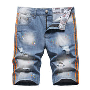 Angelo Ricci™ Neon Side Stripe Painted Holes Ripped Distressed Jeans Short