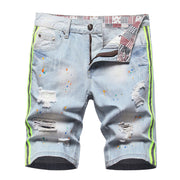 Angelo Ricci™ Neon Side Stripe Painted Holes Ripped Distressed Jeans Short