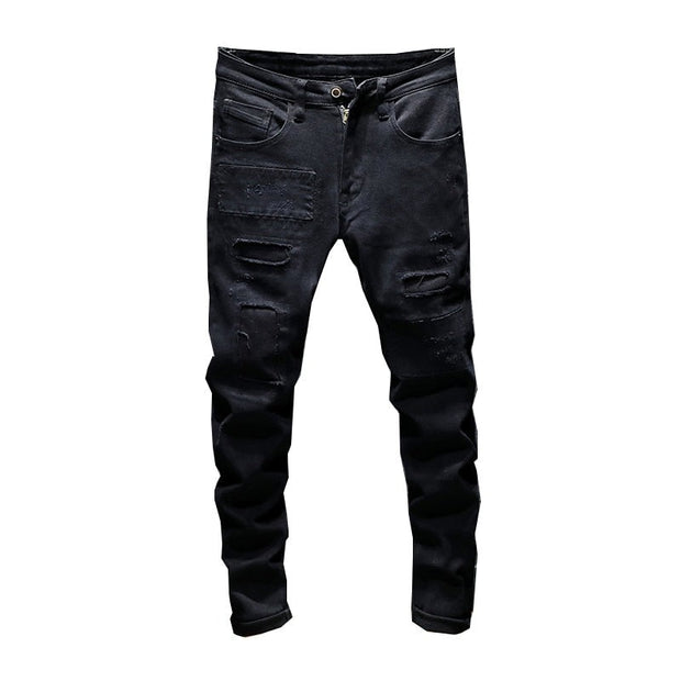 Angelo Ricci™ Black Patchwork Stretch Hip Hop Denim Jean Pants