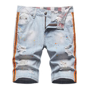 Angelo Ricci™ Neon Side Stripe Painted Holes Ripped Distressed Jeans Short