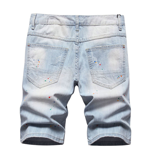 Angelo Ricci™ Neon Side Stripe Painted Holes Ripped Distressed Jeans Short