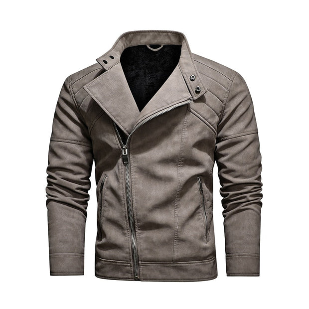 Angelo Ricci™ Fleece Warm Diagonal Zipper PU Jacket