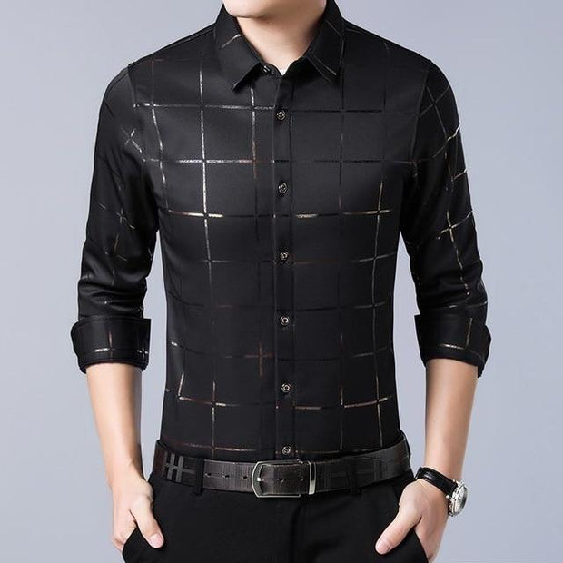 Angelo Ricci™ Brand Luxury Plaid Long Sleeve Slim Fit Dress Shirt