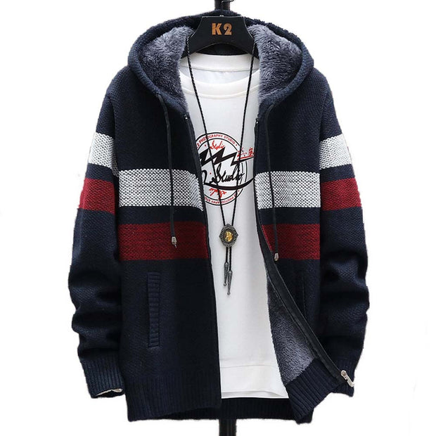 Angelo Ricci™ Striped Fleece Warm Zipper Hooded Jumper