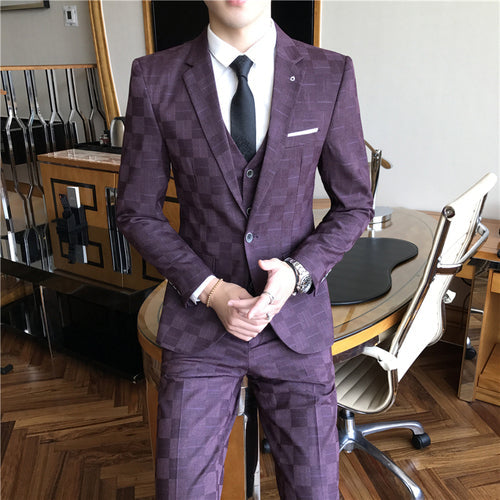 Angelo Ricci™ Tailor Business Elegant Plaid 3 Piece Slim Suit